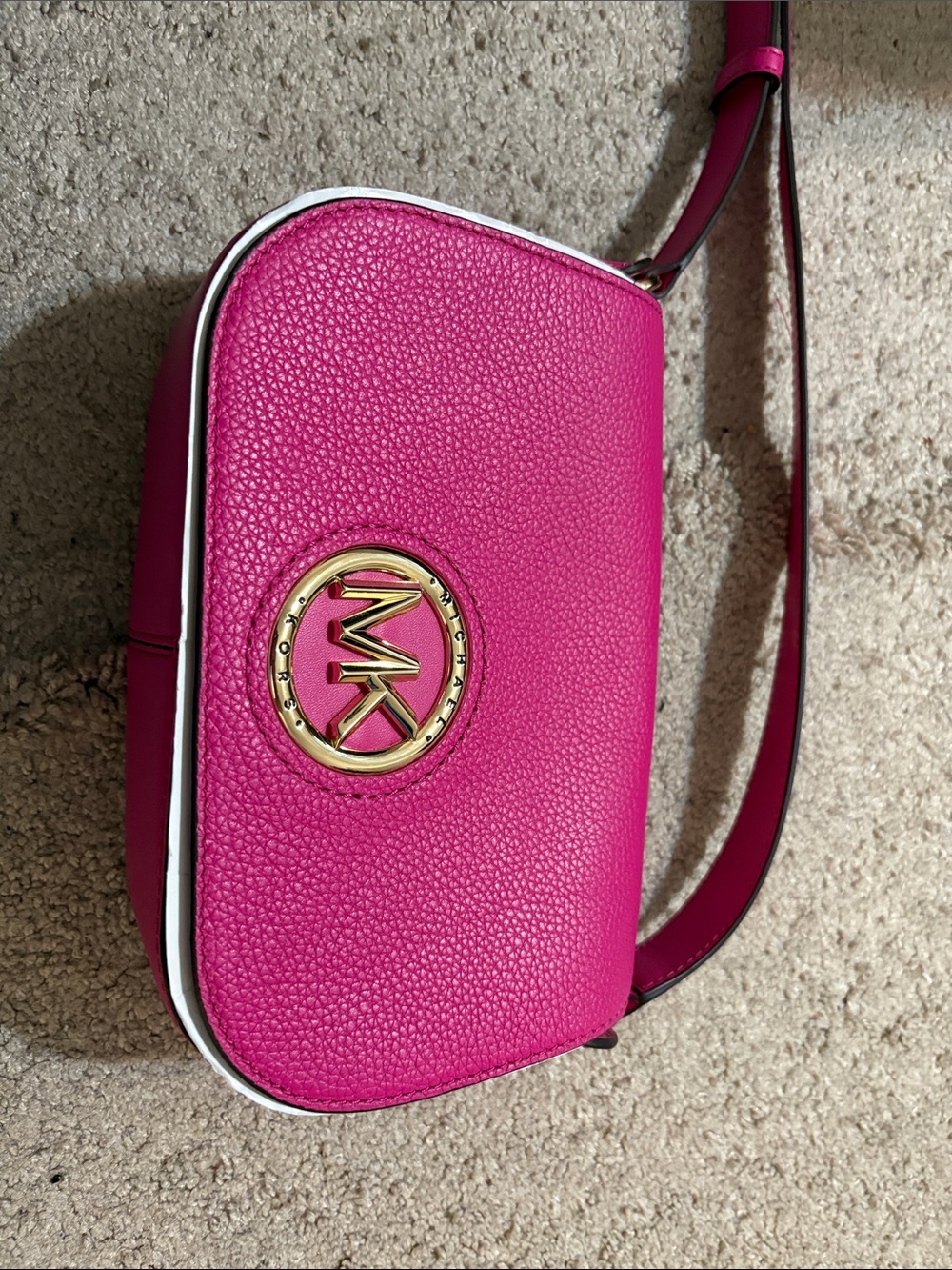 Michael Kors Hot Pink Pebbled Leather Crossbody with Gold MK Emblem